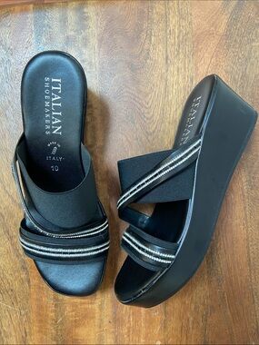 Italian Shoemakers Black Slide Sandals with Silver Rhinestone Straps